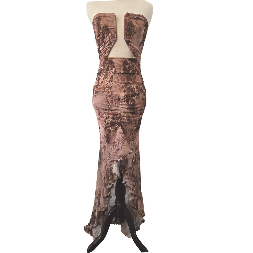 Edge KS Brown Leopard Floral Mesh Strapless Cutout Ruched High Low Maxi Dress S